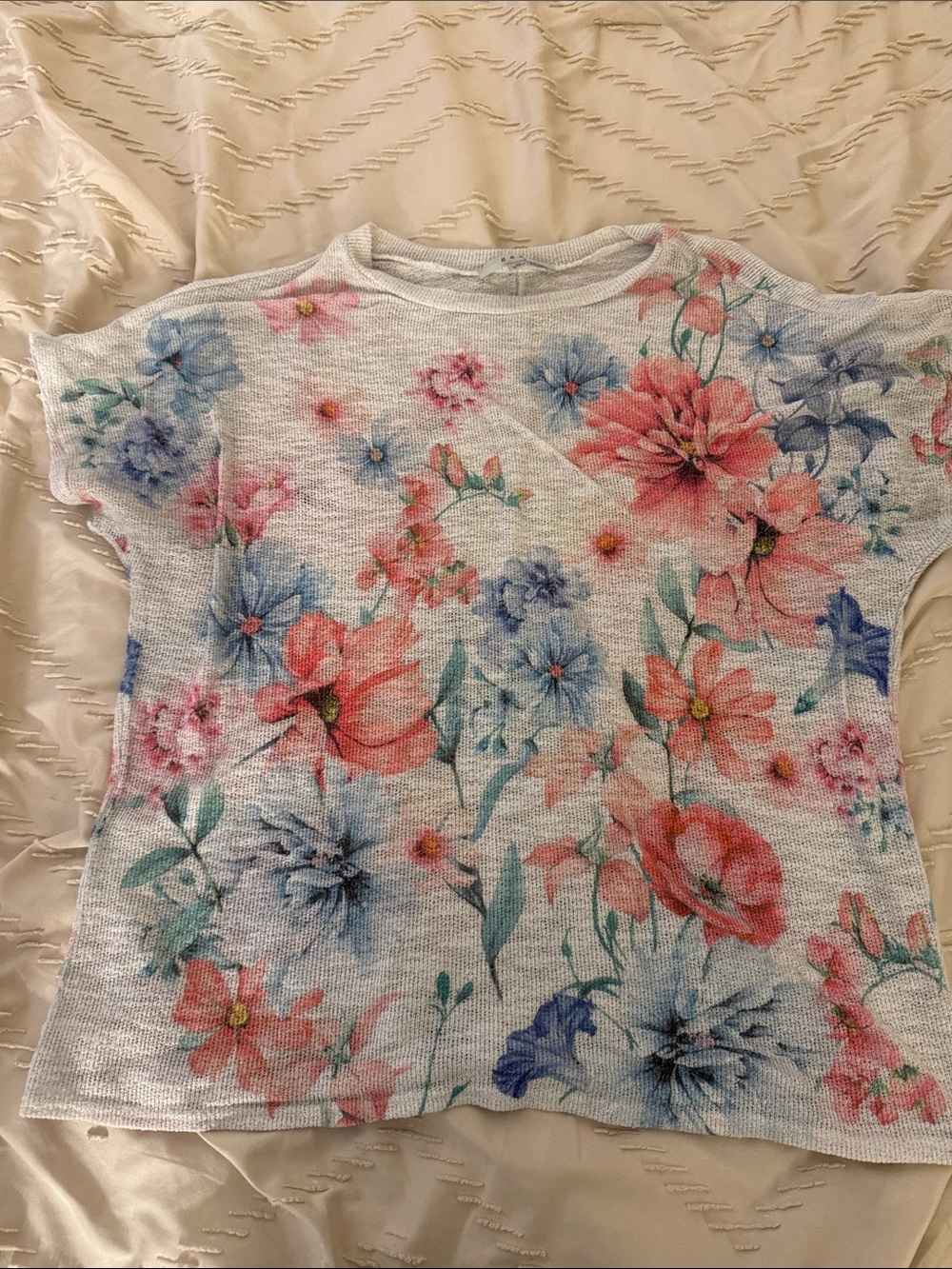 Floral Short Sleeve Lightweight Sweater- Coral & Blue Flowers